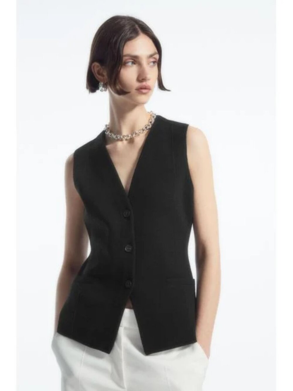 Cos Longline Knitted Wool Waistcoat Sleeveless Jumper Top Vest Knit Black Small